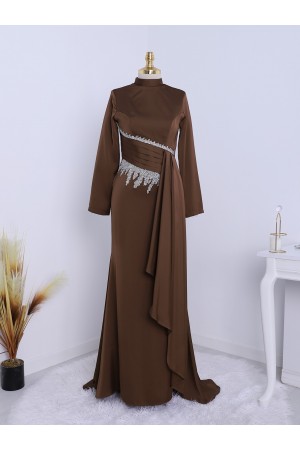 Yapıştırma Taş Detaylı Dik Yaka Saten Abiye -Kahve