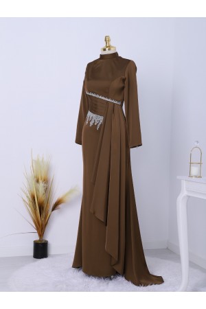 Yapıştırma Taş Detaylı Dik Yaka Saten Abiye -Kahve