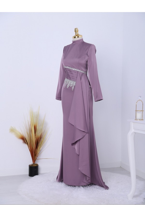 Adhesive Stone Detailed High Neck Satin Evening Dress -Lilac