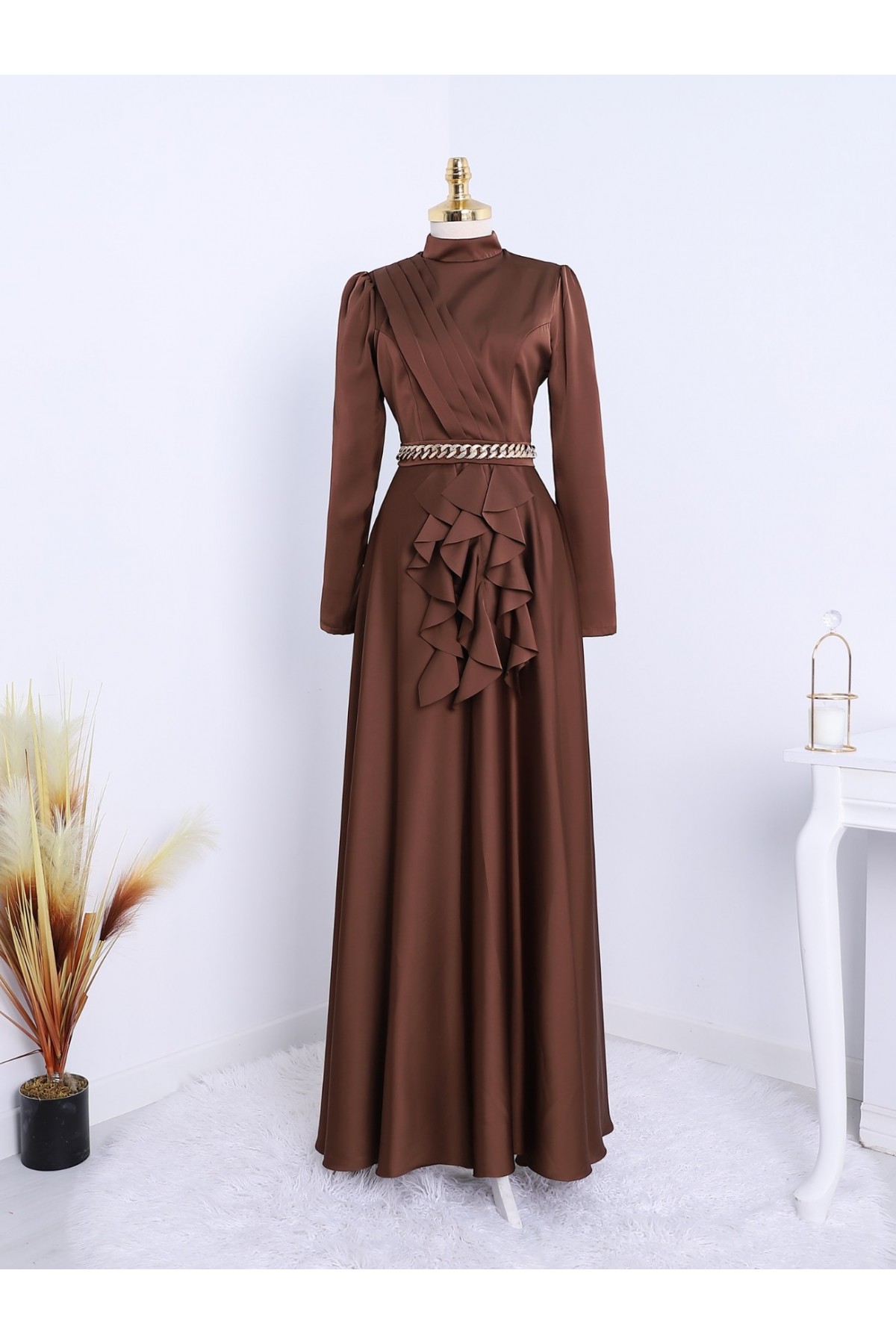 Waist Chain Detailed Front Frilly Satin Evening Dress -Brown