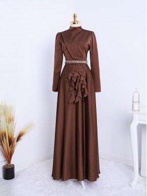 Waist Chain Detailed Front Frilly Satin Evening Dress -Brown