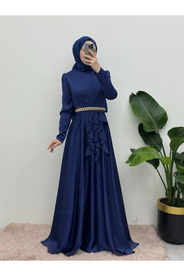 Waist Chain Detailed Front Frilly Satin Evening Dress -Navy blue