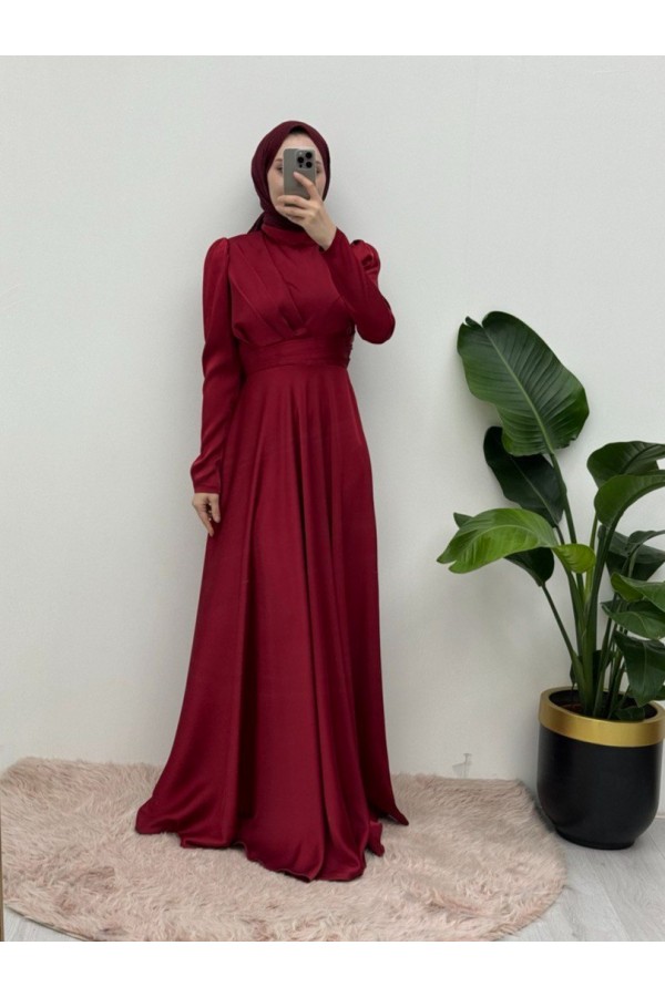 Front Pleated Satin Evening Dress -Maroon