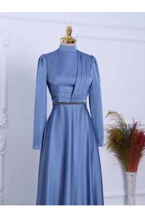 Front Draped Waist Bead Detailed Satin Evening Dress -Blue