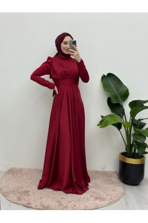 Front Pleated Satin Evening Dress -Maroon