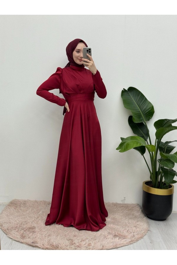 Önü Pliseli Saten Abiye  -Bordo