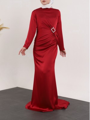 Side Pleated Stone Taka Detailed Satin Evening Dress -Maroon