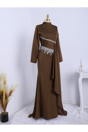 Adhesive Stone Detailed High Neck Satin Evening Dress -Brown
