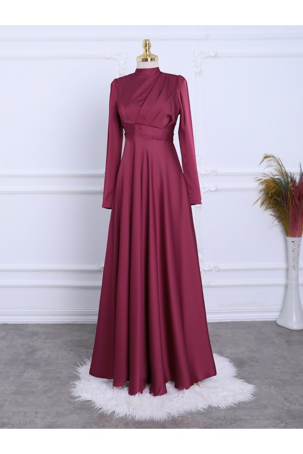 Front Pleated Satin Evening Dress -Maroon