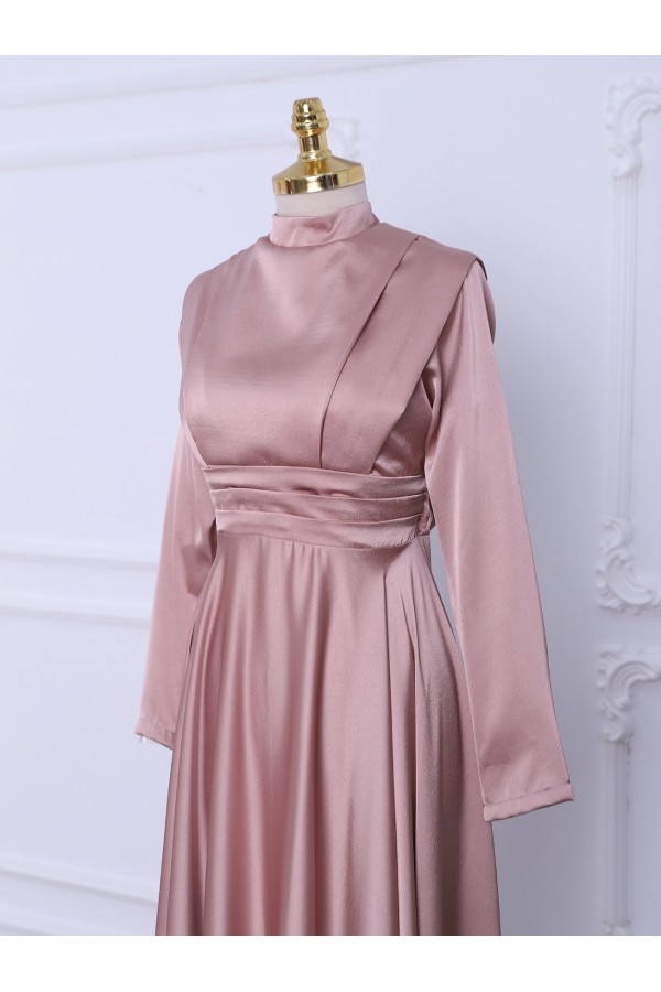 Waist Pleat Detailed Front Double Layer Satin Evening Dress -Powder