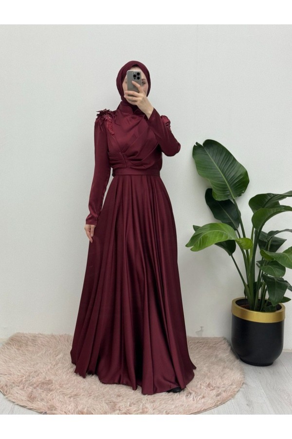 Rose Detail Draped Satin Evening Dress -Maroon