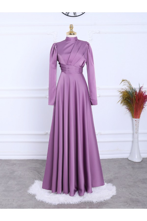 Front Pleated Satin Evening Dress -Lilac