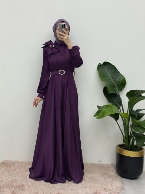 Broşlu Fiyonklu Taşlı Kemerli Saten Abiye -Mor
