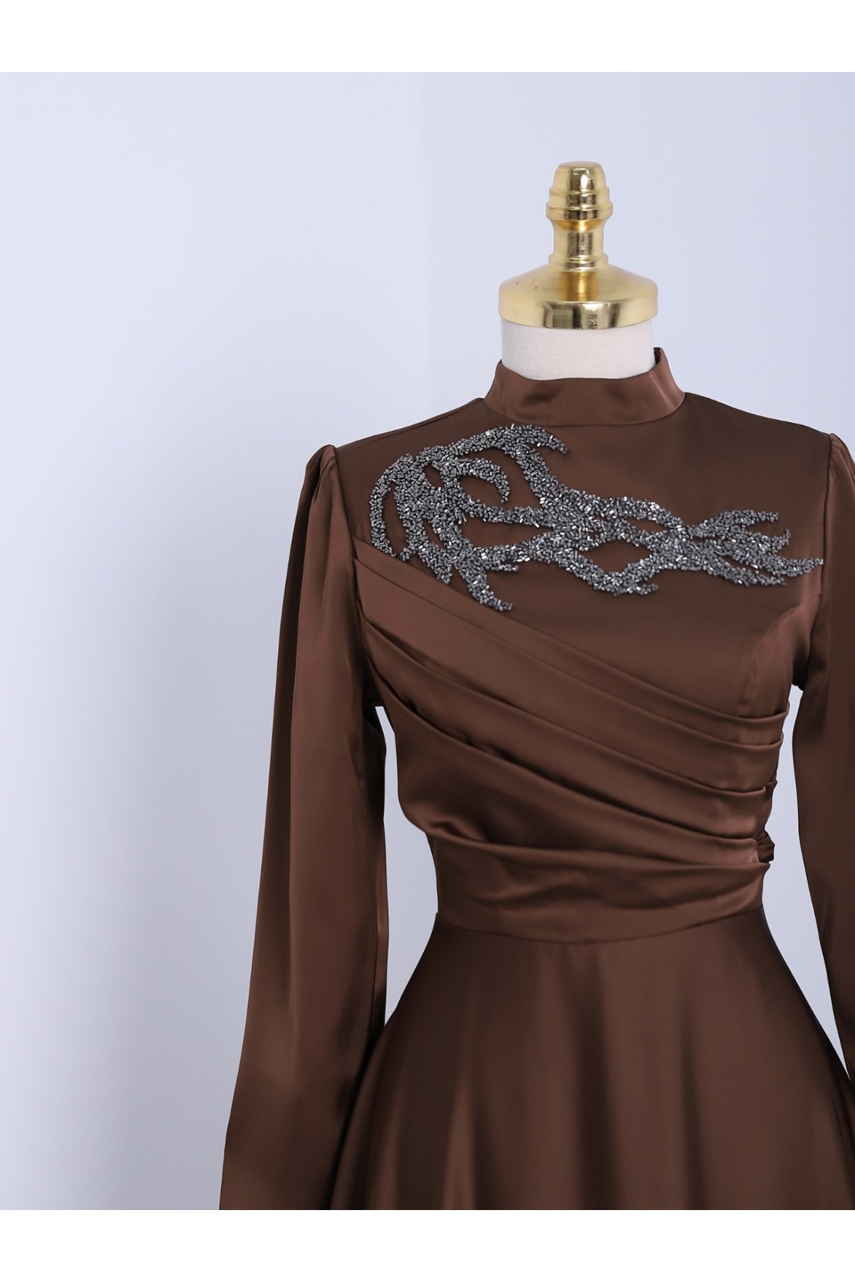 Stone Collar Draped Evening Dress -Brown