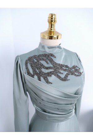 Yakası Taşlı Önü Drapeli  Abiye -Su Yeşili