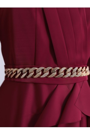 Beli Zincir Detaylı Önü Fırfırlı Saten Abiye -Bordo