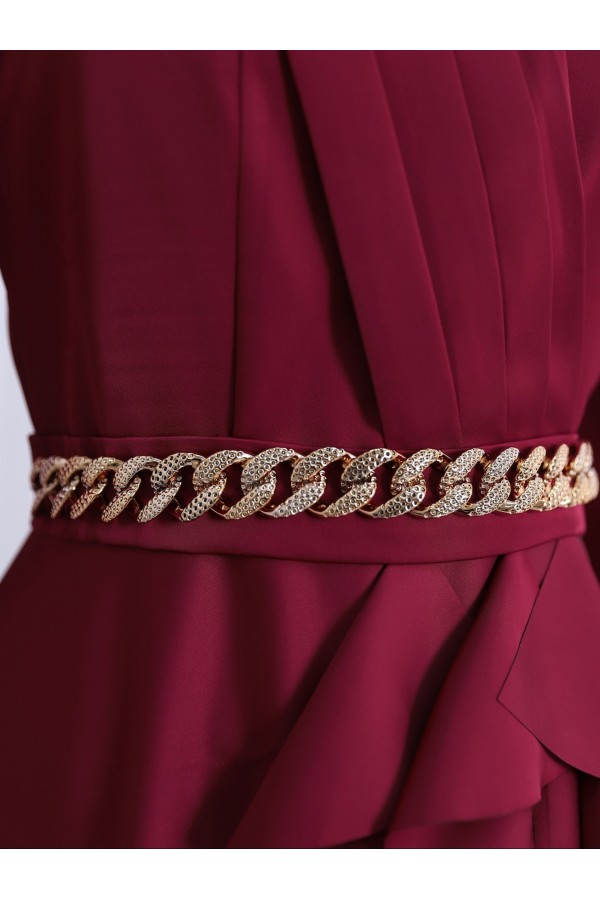 Waist Chain Detailed Front Frilly Satin Evening Dress -Maroon