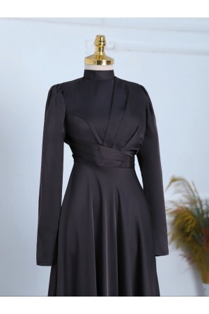 Önü Pliseli Saten Abiye  -Siyah