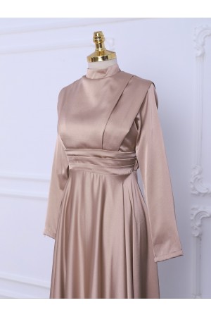 Beli Plise Detaylı Önü Çift Kat Saten Abiye  -Açık Vizon