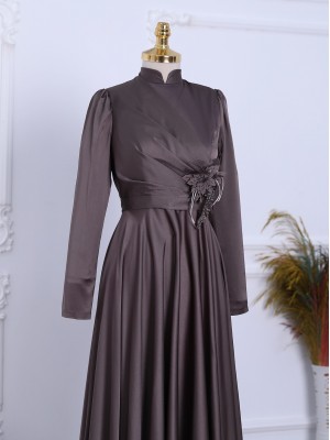 Rose Detail Draped Satin Evening Dress -Brown