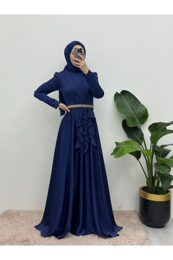 Waist Chain Detailed Front Frilly Satin Evening Dress -Navy blue