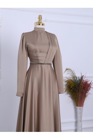 Front Draped Waist Bead Detailed Satin Evening Dress -Mink color