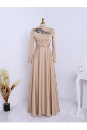 Yakası Taşlı Önü Drapeli  Abiye -Vizon