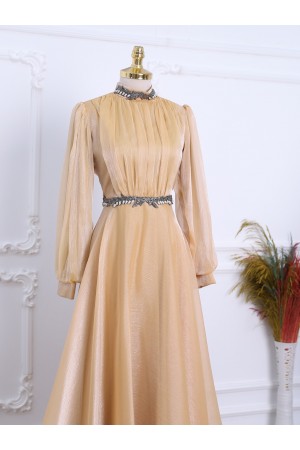 Neck And Waist Bead Detailed Tulle Evening Dress -Yellow