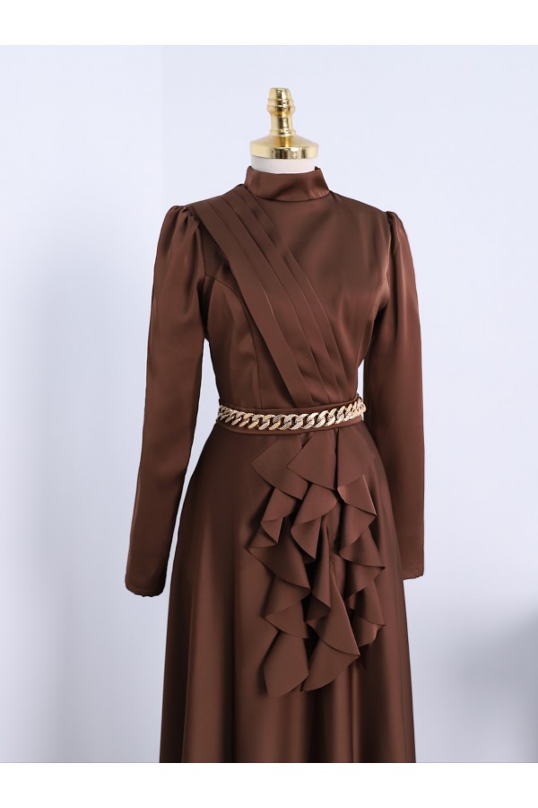 Waist Chain Detailed Front Frilly Satin Evening Dress -Brown