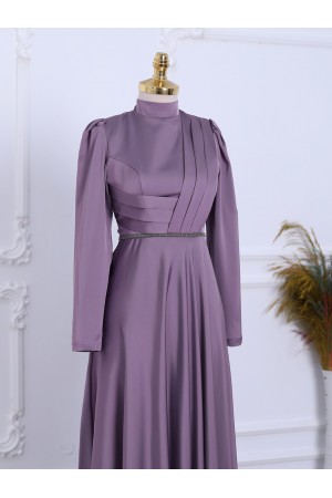 Front Draped Waist Bead Detailed Satin Evening Dress -Lilac