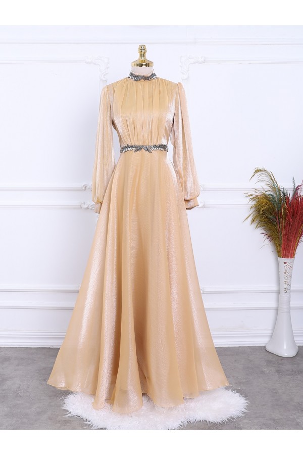 Neck And Waist Bead Detailed Tulle Evening Dress -Yellow