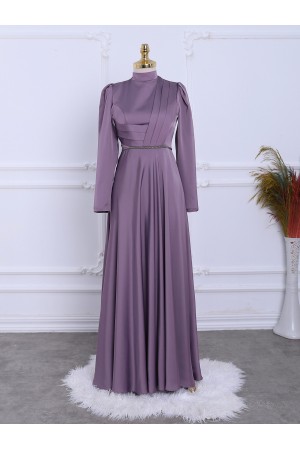Önü Drapeli Beli Boncuk Detaylı Saten Abiye -Lila