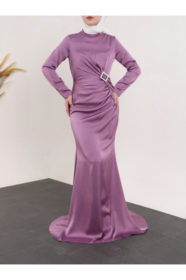 Side Pleated Stone Taka Detailed Satin Evening Dress -Lilac
