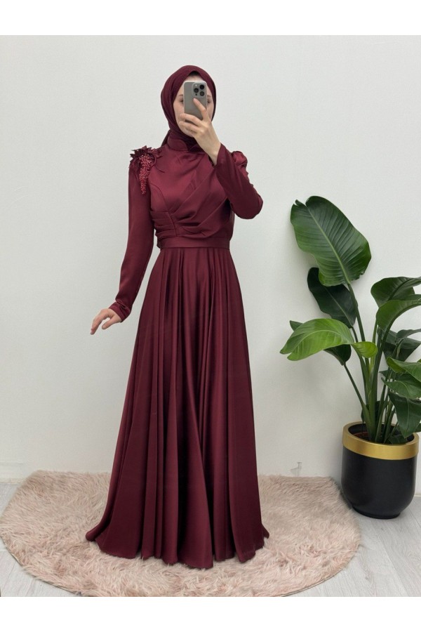 Rose Detail Draped Satin Evening Dress -Maroon