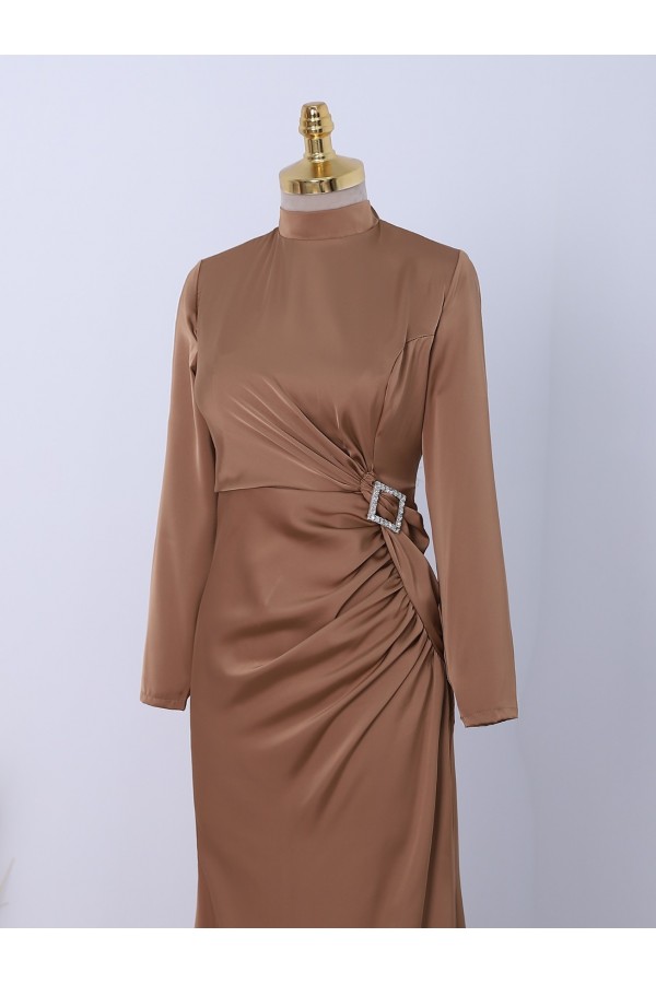 Side Pleated Stone Taka Detailed Satin Evening Dress -Mink color
