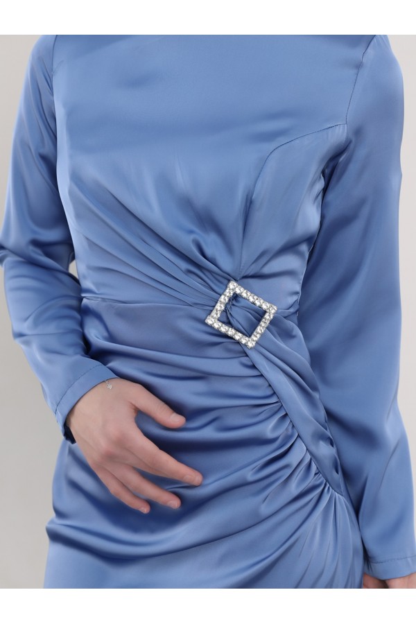 Side Pleated Stone Taka Detailed Satin Evening Dress -Blue