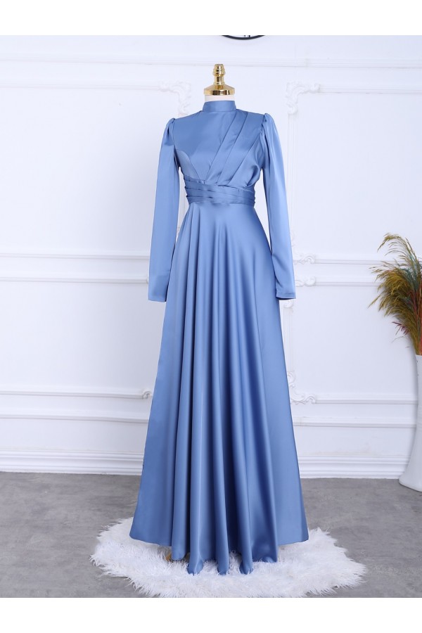 Front Pleated Satin Evening Dress -Blue