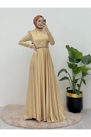 Beli Plise Detaylı Önü Çift Kat Saten Abiye  -Sarı