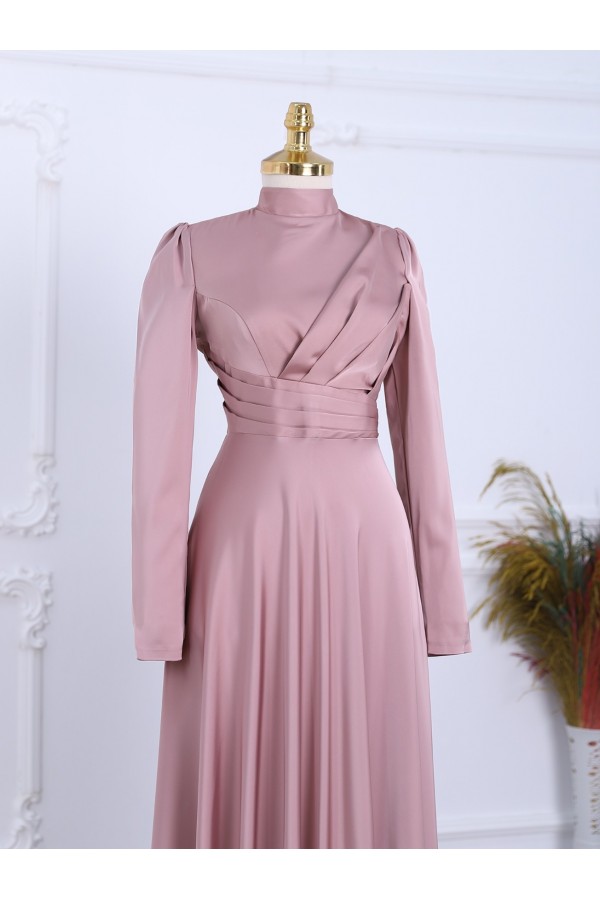 Front Pleated Satin Evening Dress -Powder