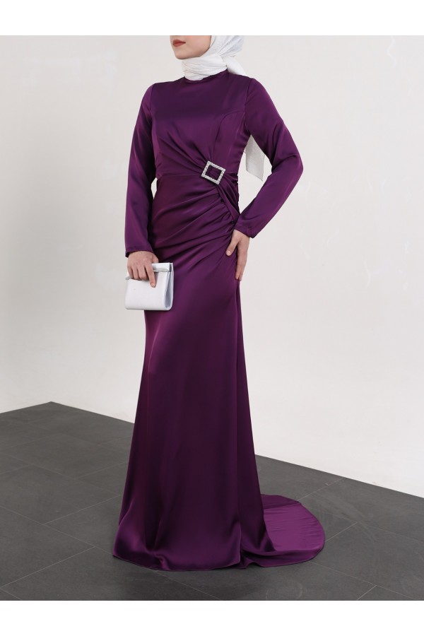 Side Pleated Stone Taka Detailed Satin Evening Dress - Purple