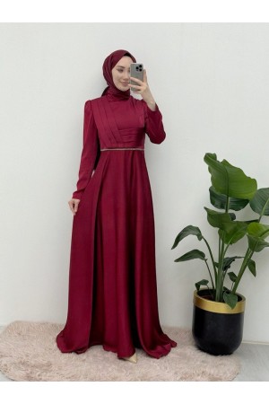 Önü Drapeli Beli Boncuk Detaylı Saten Abiye -Bordo