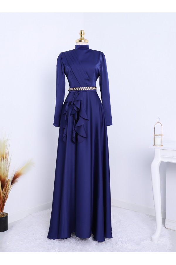 Waist Chain Detailed Front Frilly Satin Evening Dress -Navy blue