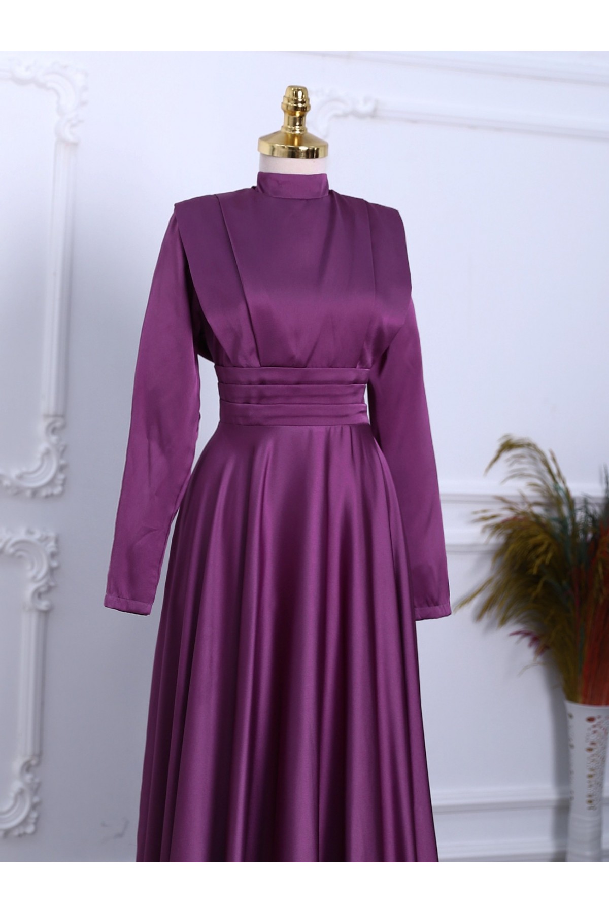 Waist Pleat Detailed Front Double Layer Satin Evening Dress  -Damson