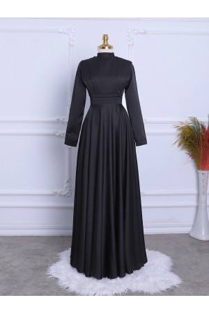 Beli Plise Detaylı Önü Çift Kat Saten Abiye -Siyah