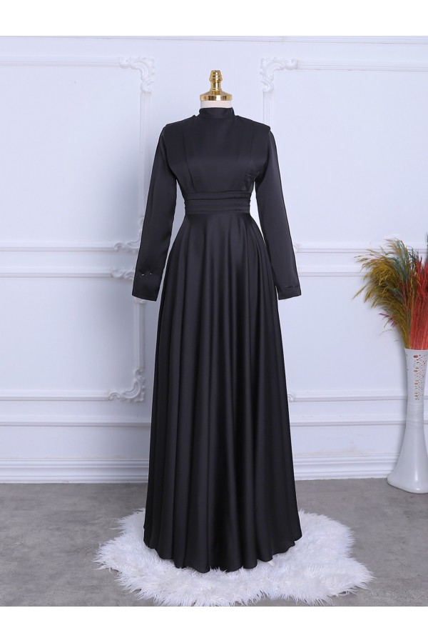 Waist Pleat Detailed Front Double Layer Satin Evening Dress -Black