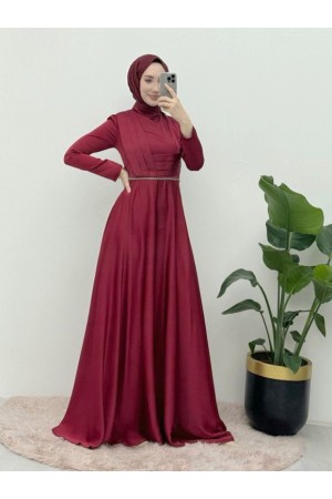 Önü Drapeli Beli Boncuk Detaylı Saten Abiye -Bordo