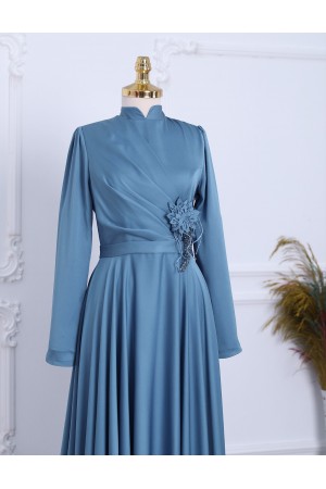 Rose Detail Draped Satin Evening Dress -Blue