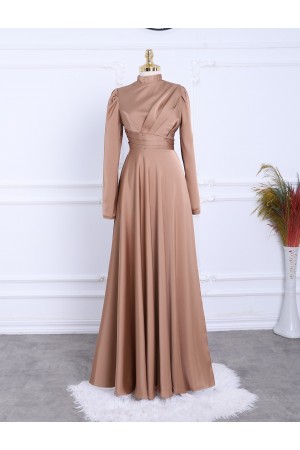 Önü Pliseli Saten Abiye  -Vizon