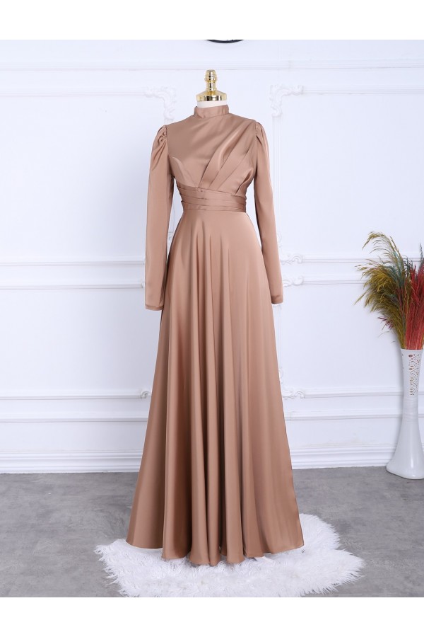 Front Pleated Satin Evening Dress -Mink color