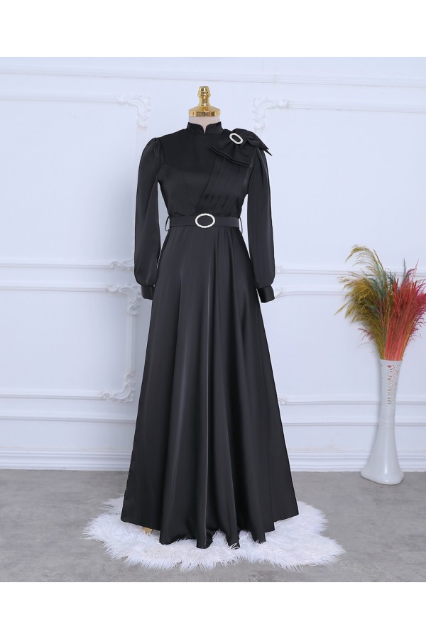 Satin Evening Dress with Brooch, Bow, Stones and Belt -Black